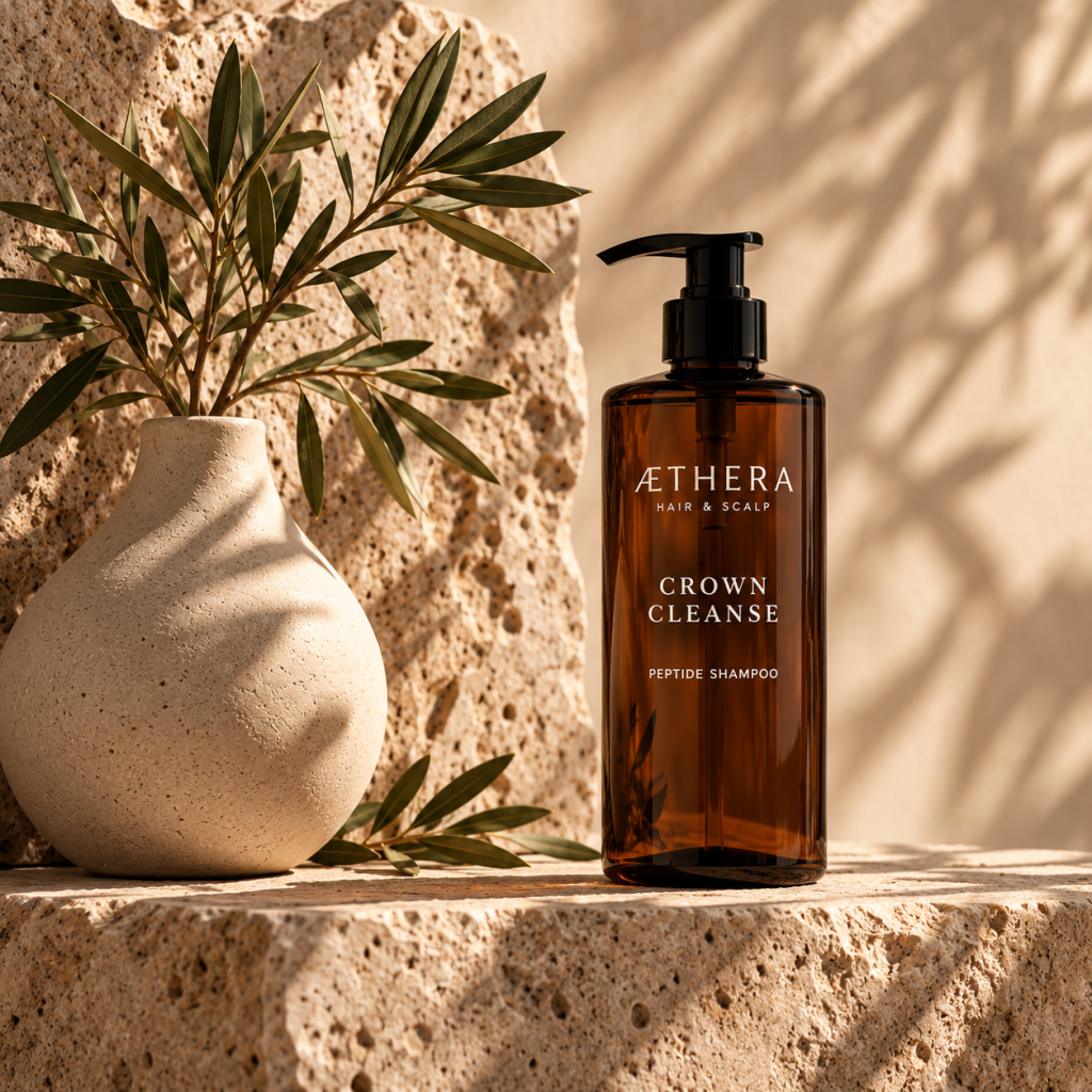 Crown Cleanse and an ivory vase on warm natural stone