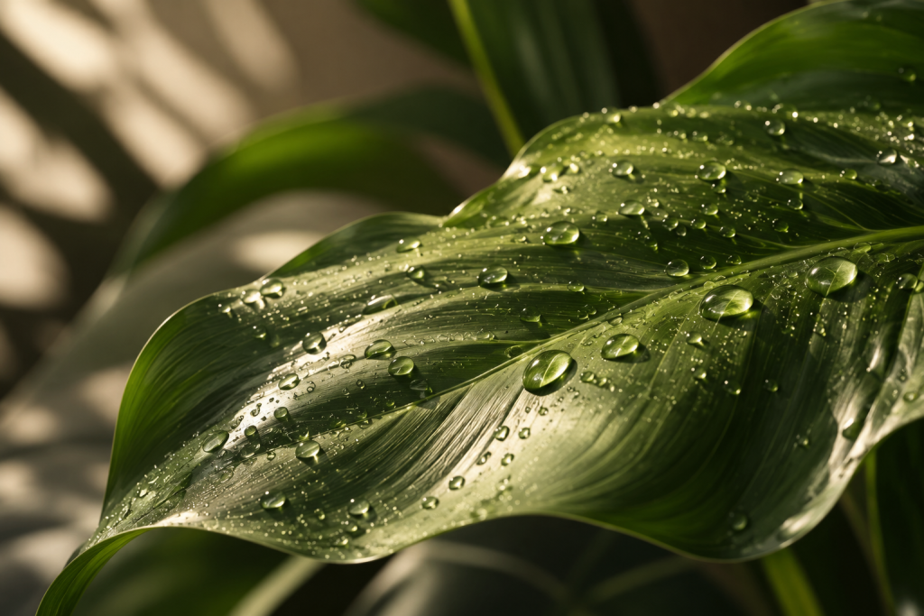 Botanical leaf with glistening water droplets