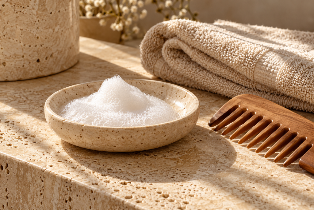 Shampoo lather with a wooden comb and folded towel